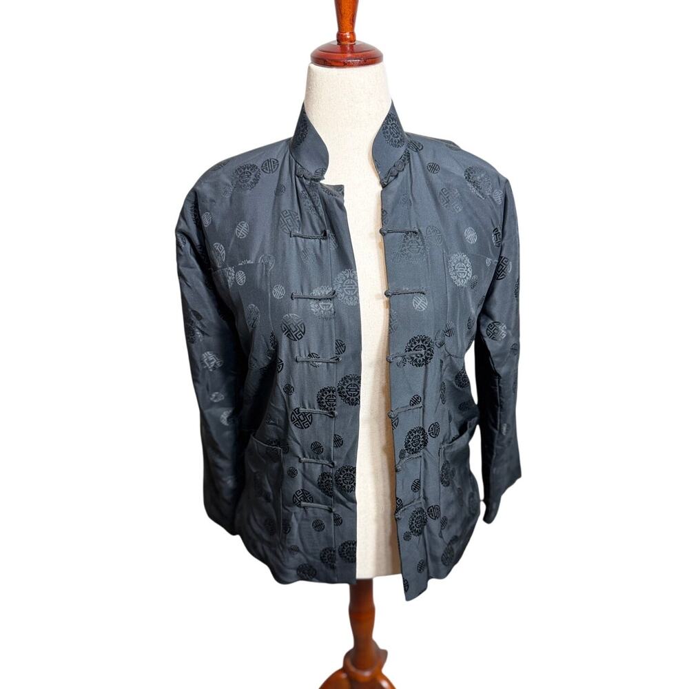 Vintage black camel wool Chinese style jacket Asian print frog closures Sz S